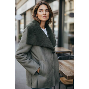 International Concept Women's Sherpa Lined Shawl Suede Look Gray Coat Size L